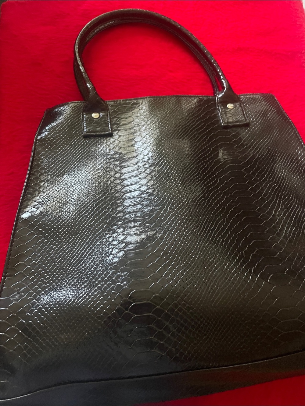 Black Faux-Snake Tote with Structured Double Handles